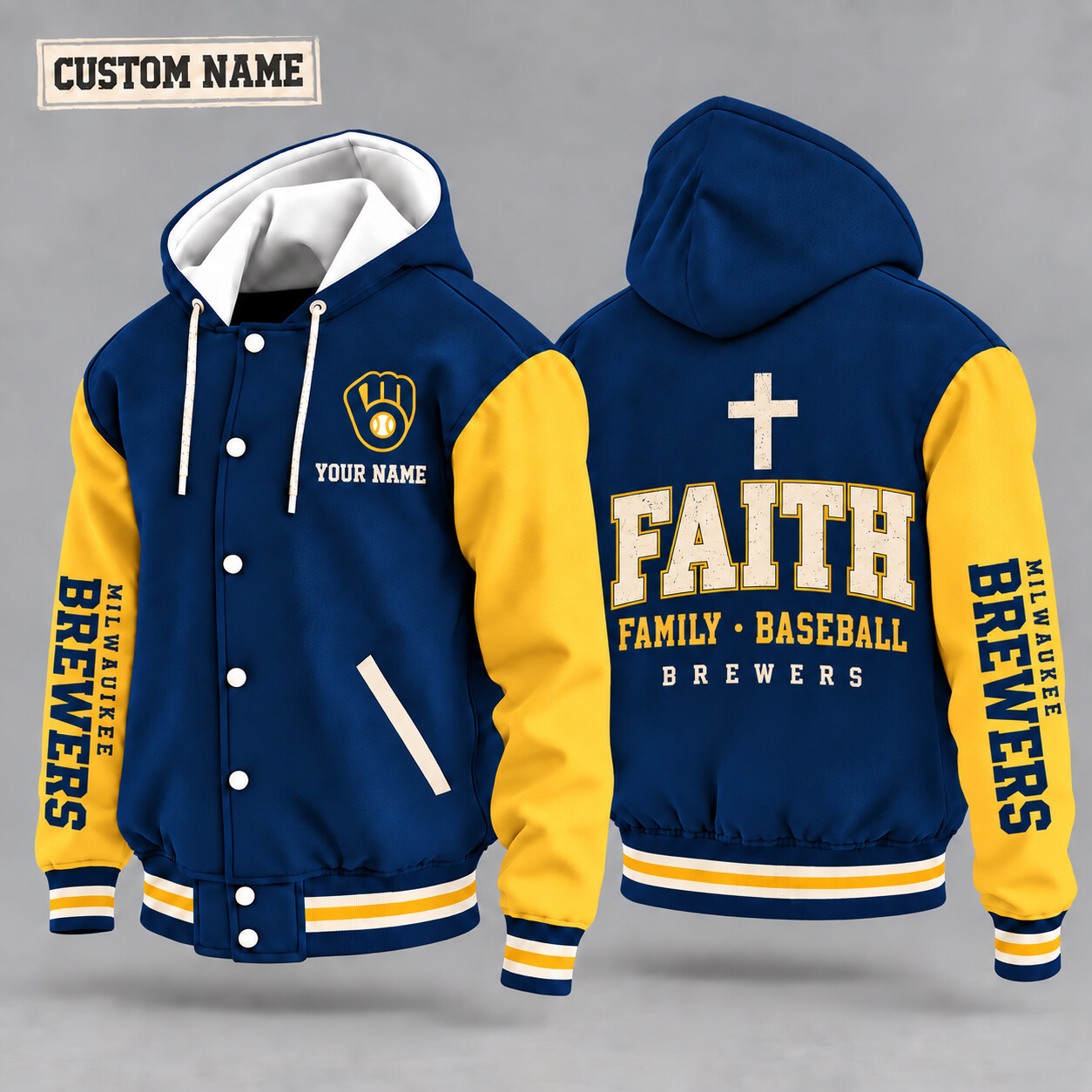 Milwaukee Brewers Faith Family Baseball Hooded Letterman Jacket Custom Name PFX355
