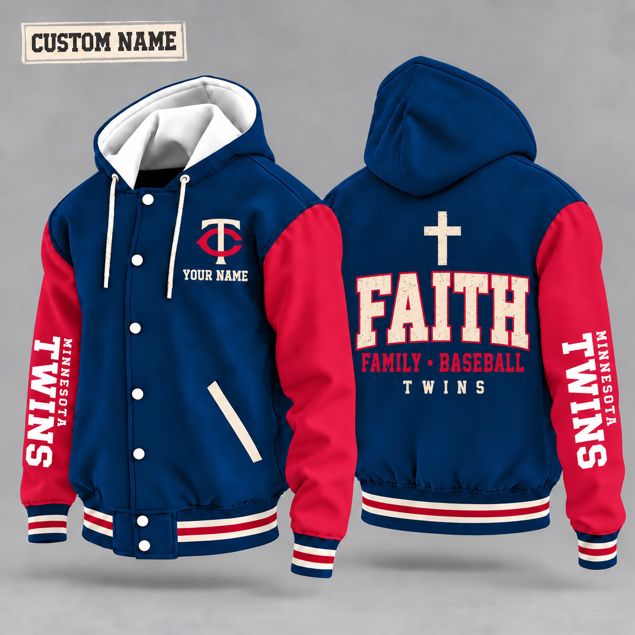 Minnesota Twins Faith Family Baseball Hooded Letterman Jacket Custom Name PD7EQI