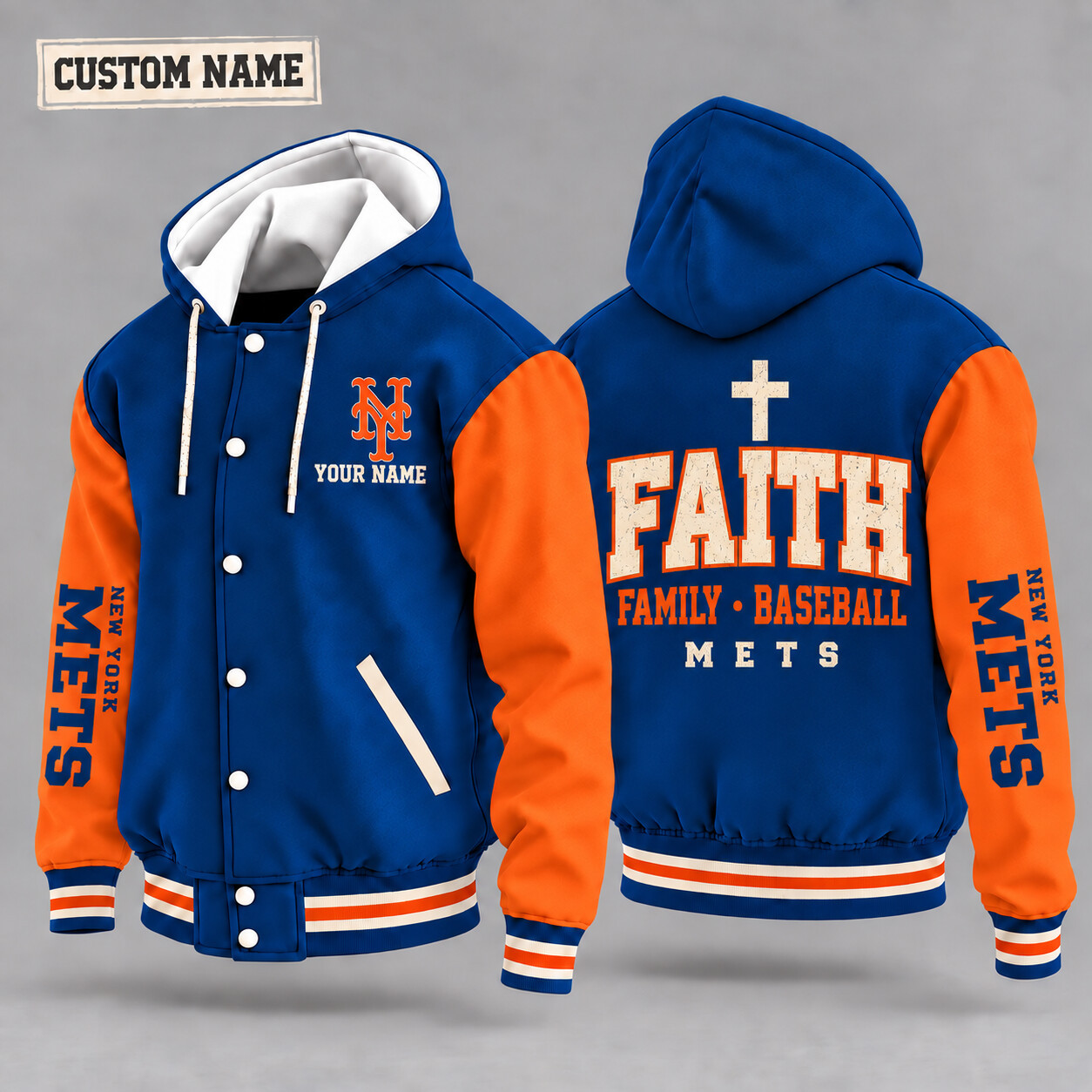 New York Mets Faith Family Baseball Hooded Letterman Jacket Custom Name PYUM6I