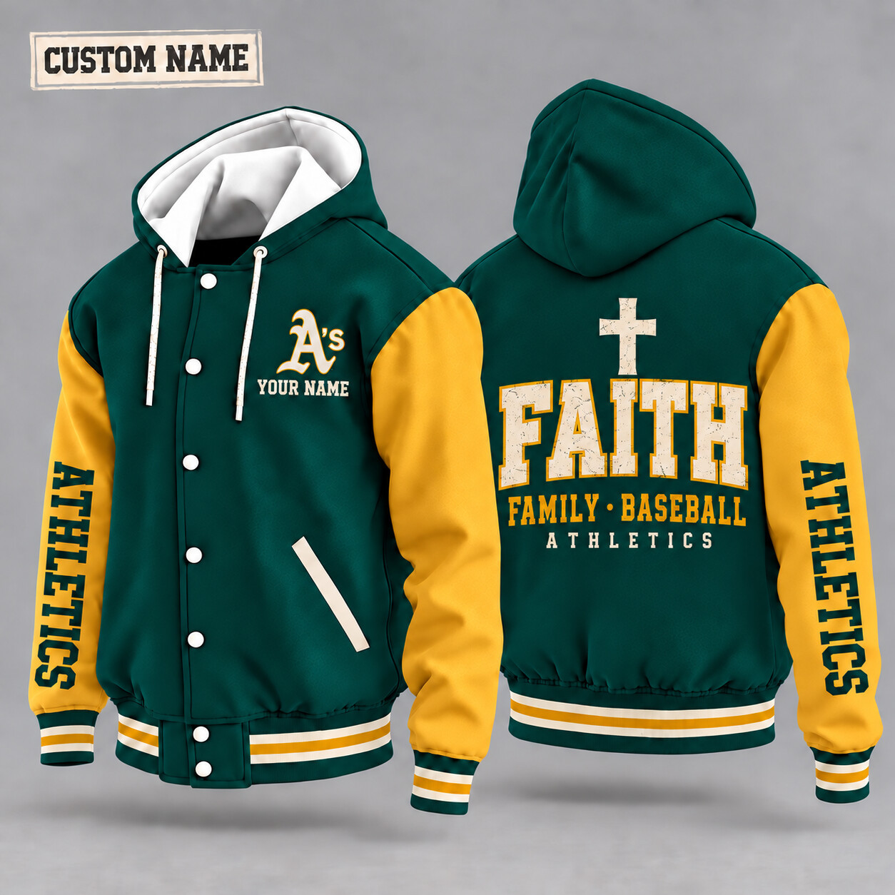 Athletics Faith Family Baseball Hooded Letterman Jacket Custom Name PPQGYE