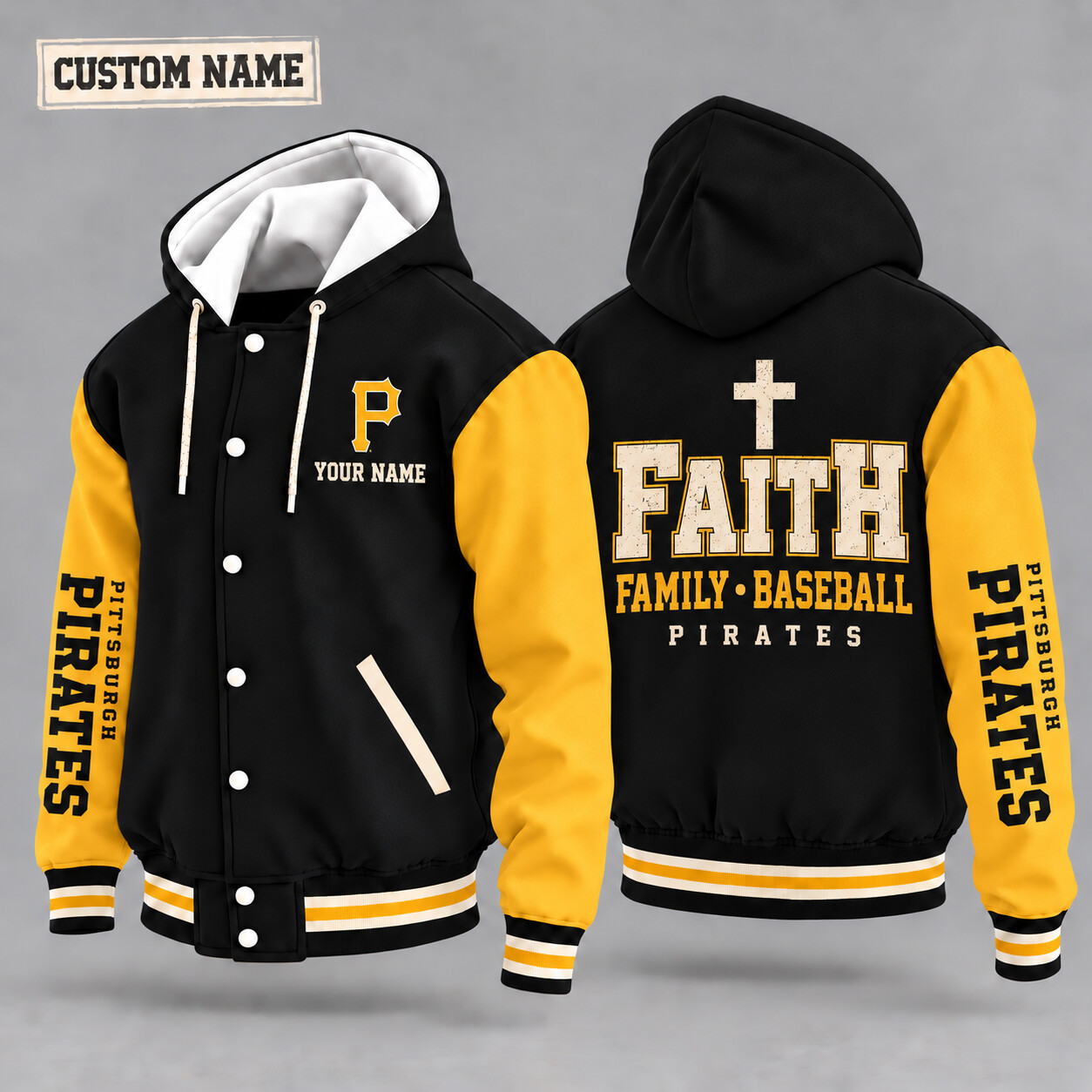 Pittsburgh Pirates Faith Family Baseball Hooded Letterman Jacket Custom Name PRCF7J