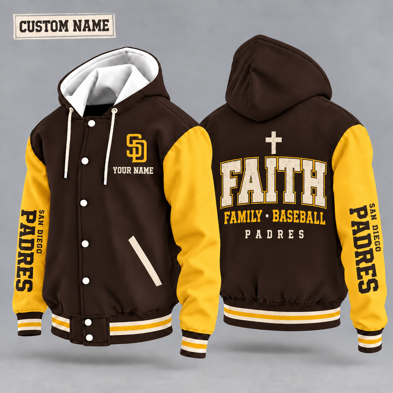San Diego Padres Faith Family Baseball Hooded Letterman Jacket Custom Name PF9ZNZ