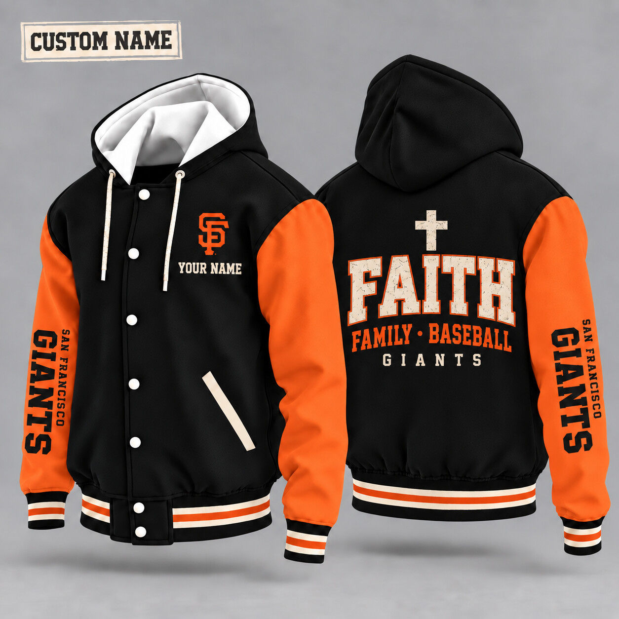 San Francisco Giants Faith Family Baseball Hooded Letterman Jacket Custom Name PN7GJY