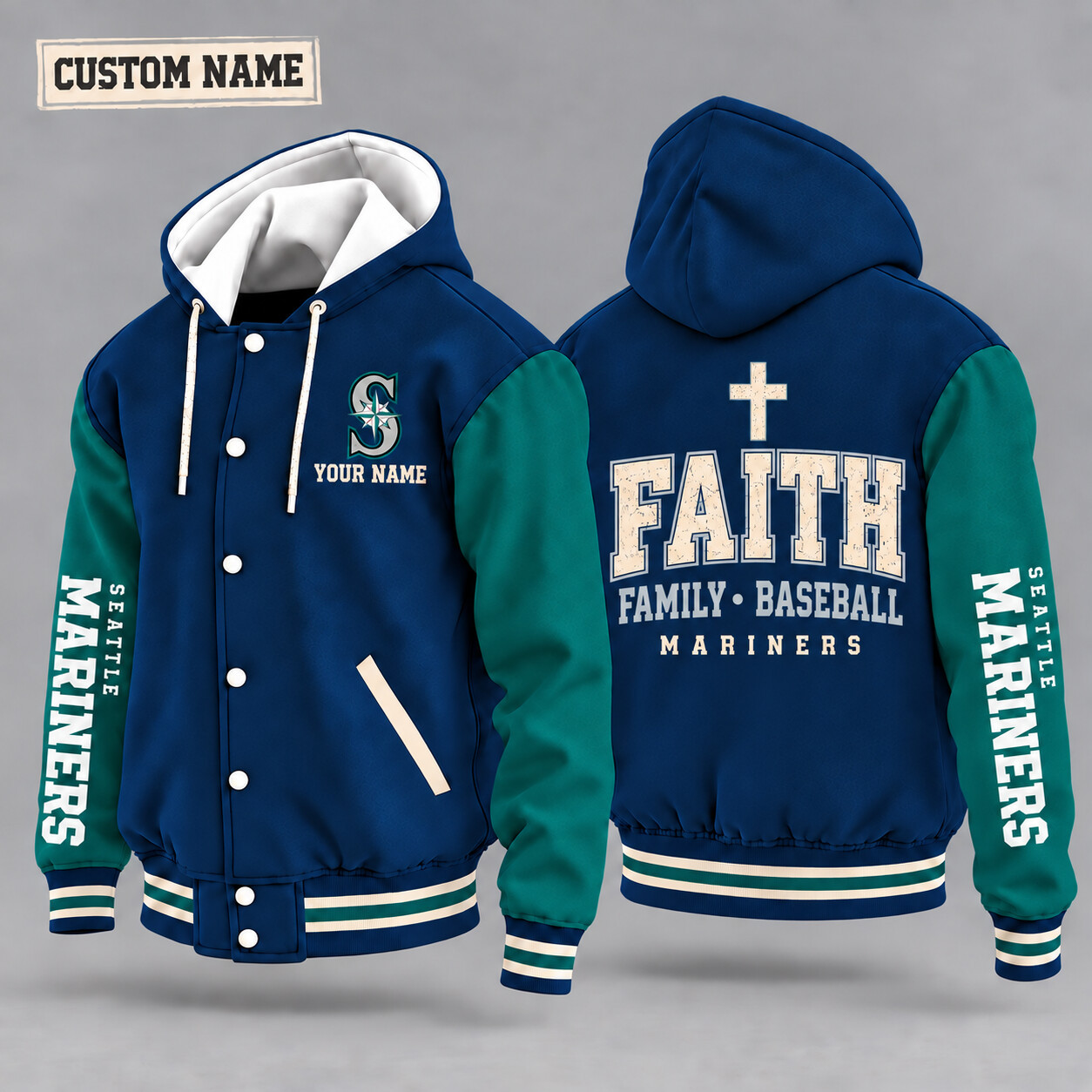 Seattle Mariners Faith Family Baseball Hooded Letterman Jacket Custom Name P2OXL5
