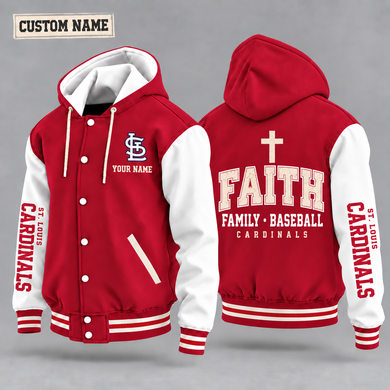 St. Louis Cardinals Faith Family Baseball Hooded Letterman Jacket Custom Name PZ74LA