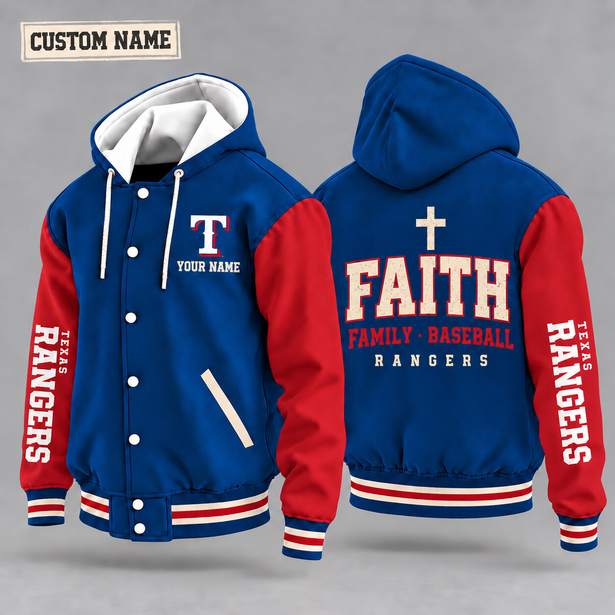 Texas Rangers Faith Family Baseball Hooded Letterman Jacket Custom Name PX992C