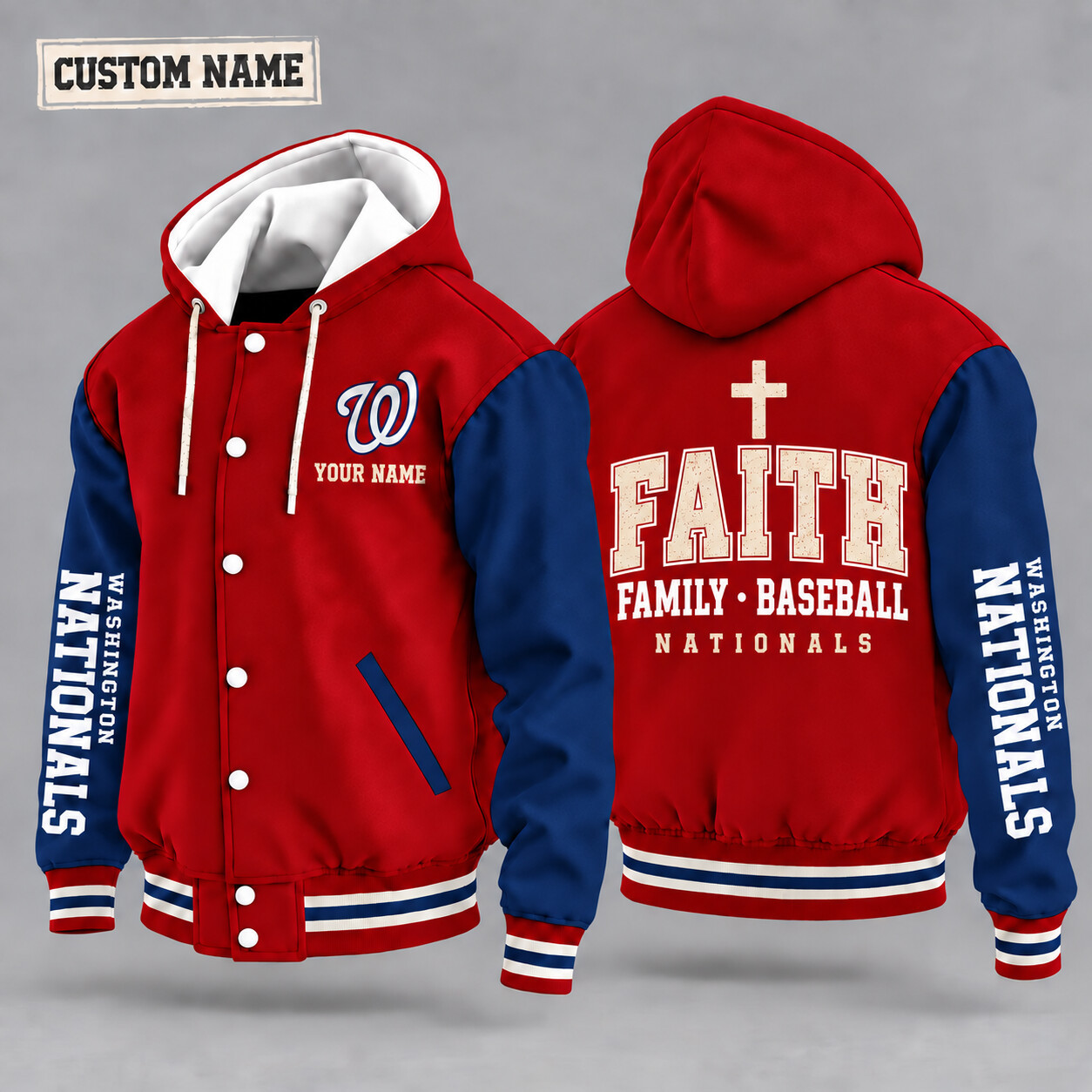 Washington Nationals Faith Family Baseball Hooded Letterman Jacket Custom Name PD01YZ