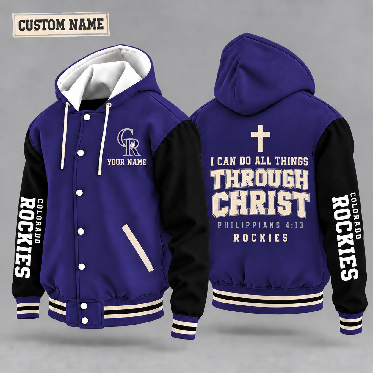 Colorado Rockies I Can Do All Things Through Christ Hooded Letterman Jacket Custom Name PNZ5Z8