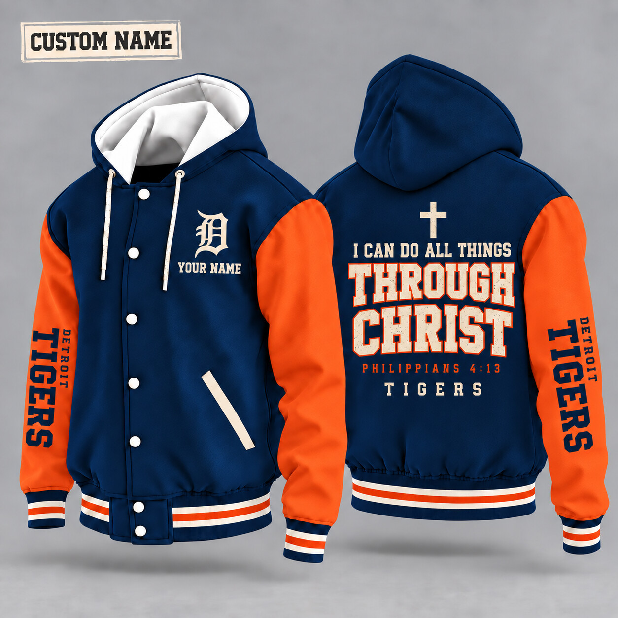 Detroit Tigers I Can Do All Things Through Christ Hooded Letterman Jacket Custom Name PFWHXC