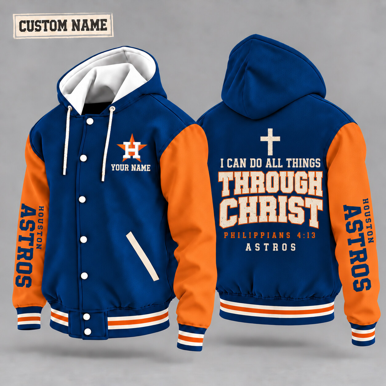 Houston Astros I Can Do All Things Through Christ Hooded Letterman Jacket Custom Name PRB6CW