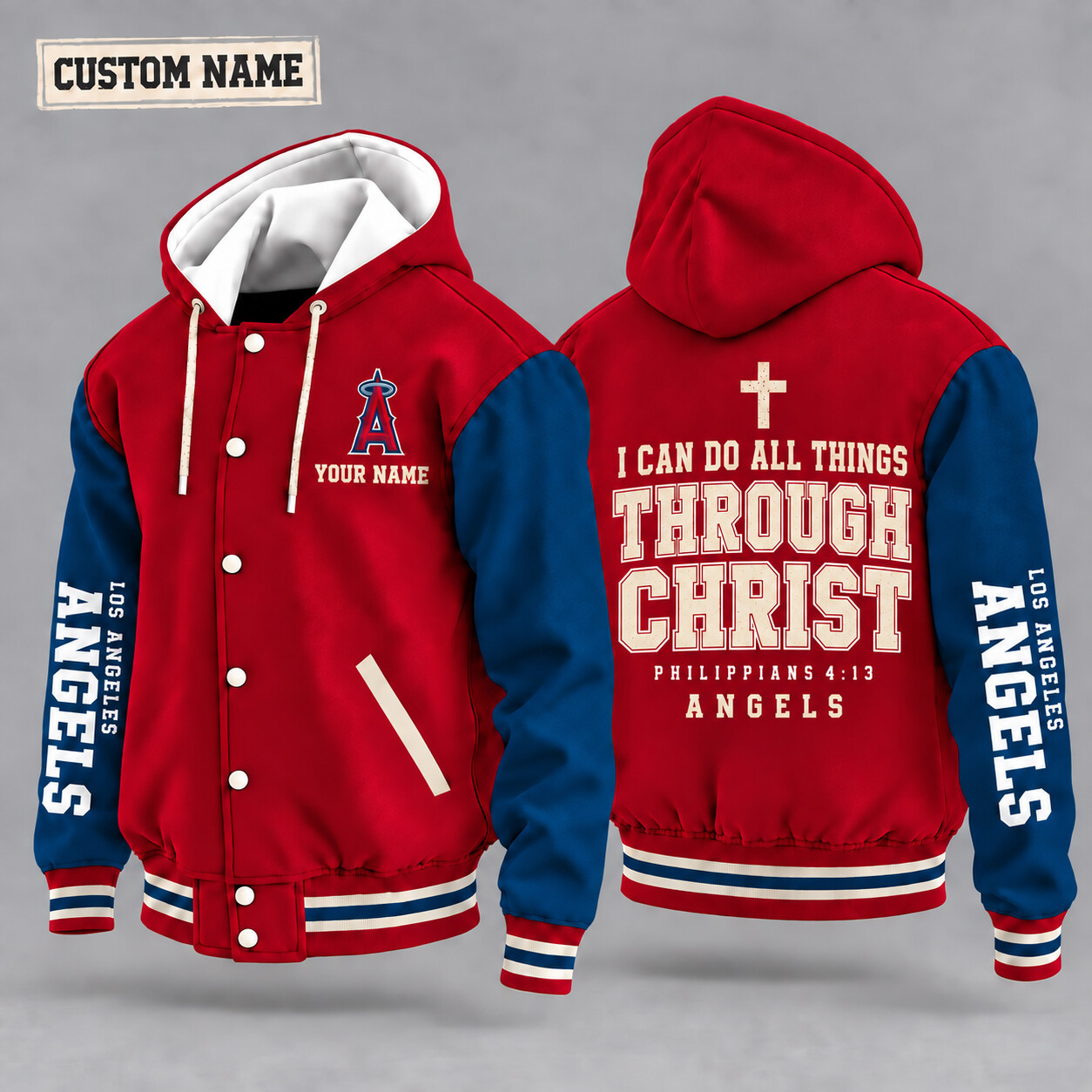 Los Angeles Angels I Can Do All Things Through Christ Hooded Letterman Jacket Custom Name PAAT4E