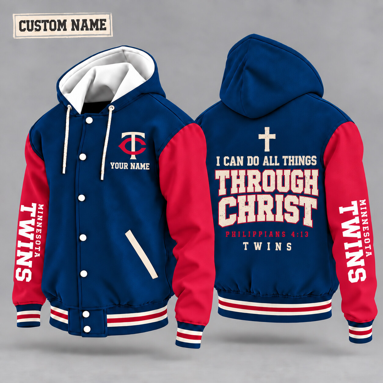 Minnesota Twins I Can Do All Things Through Christ Hooded Letterman Jacket Custom Name P7AX2F