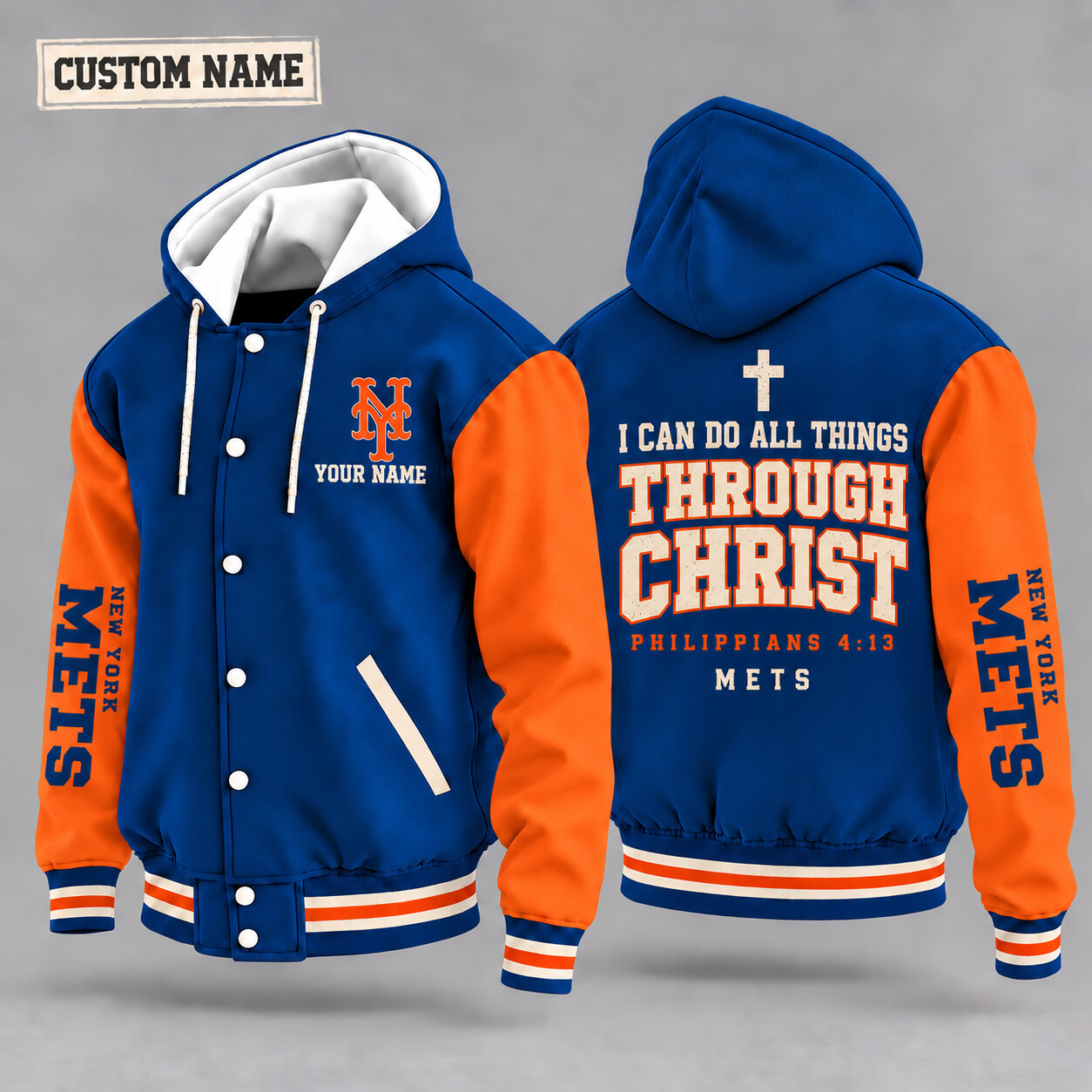 New York Mets I Can Do All Things Through Christ Hooded Letterman Jacket Custom Name P39PSF