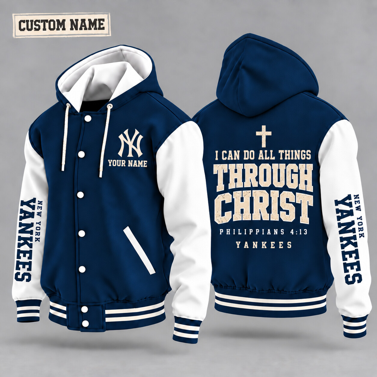 New York Yankees I Can Do All Things Through Christ Hooded Letterman Jacket Custom Name P1ZCQR