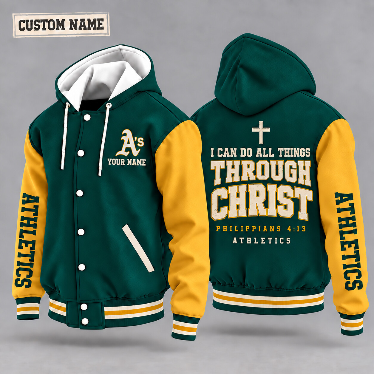 Athletics I Can Do All Things Through Christ Hooded Letterman Jacket Custom Name PS97R1