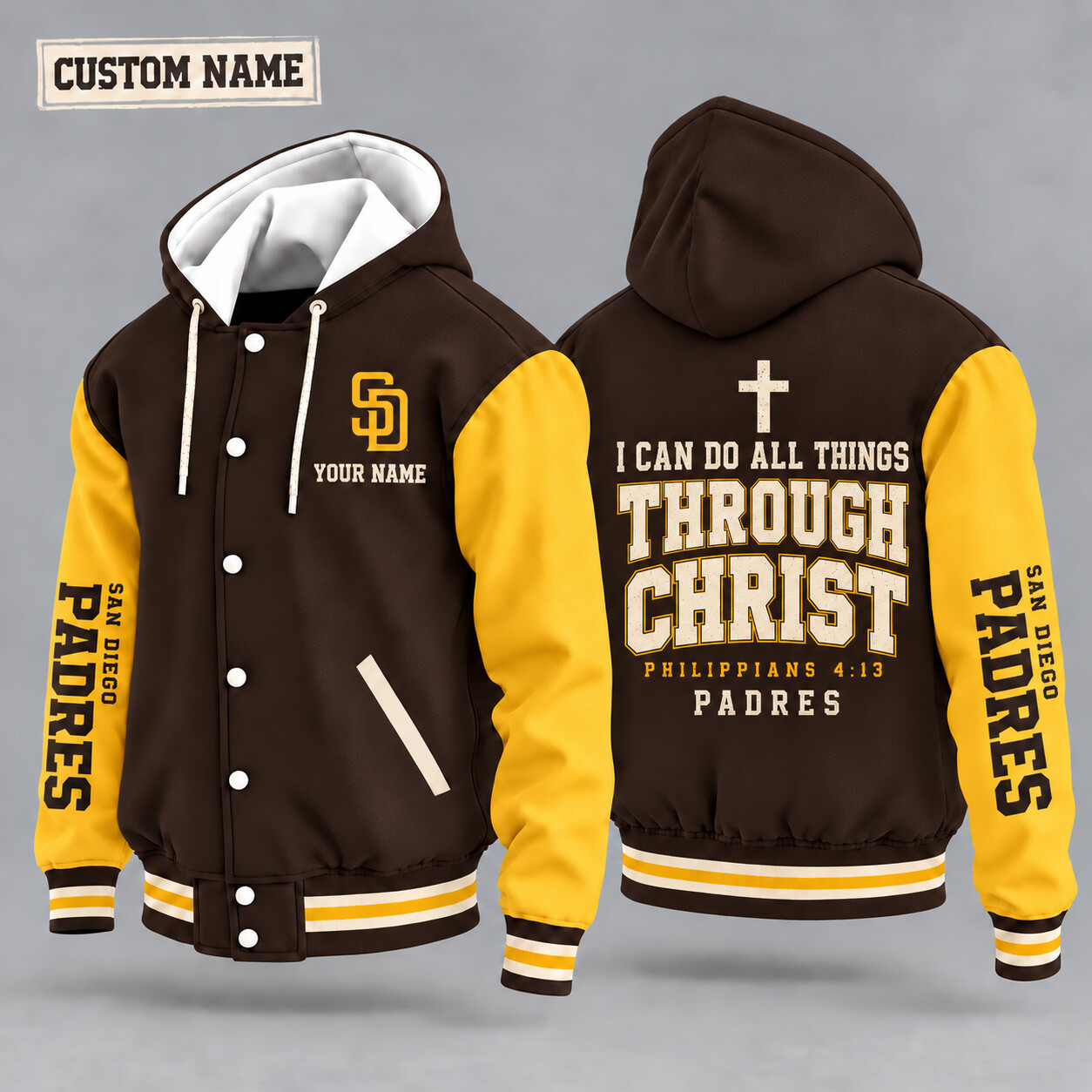 San Diego Padres I Can Do All Things Through Christ Hooded Letterman Jacket Custom Name PHMDNE