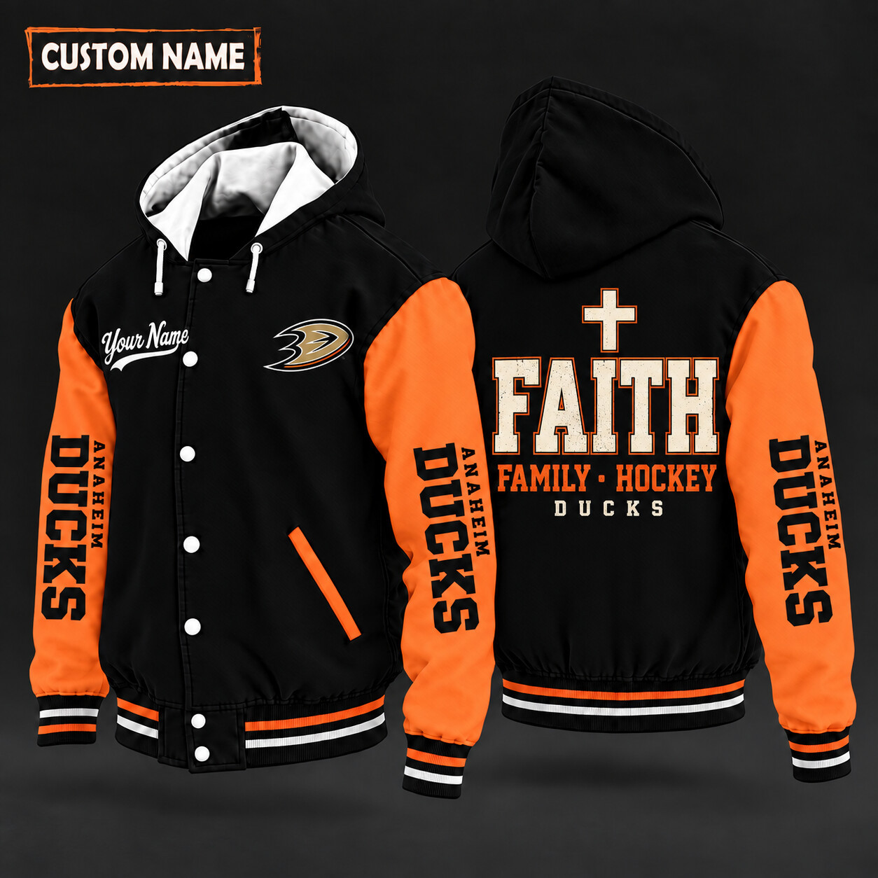 Anaheim Ducks Faith Family Hockey Hooded Letterman Jacket Custom Name PRWS34