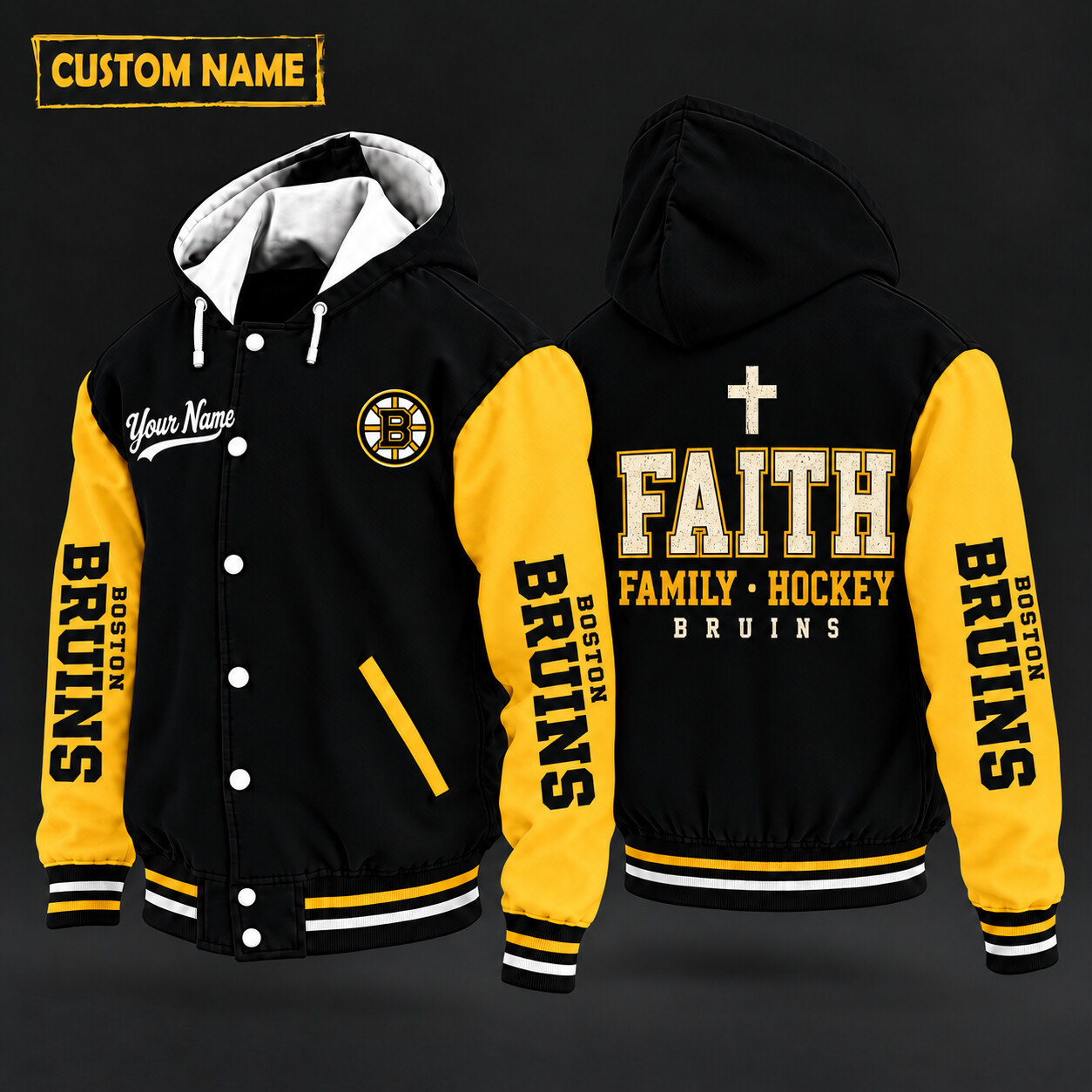 Boston Bruins Faith Family Hockey Hooded Letterman Jacket Custom Name PM22MN
