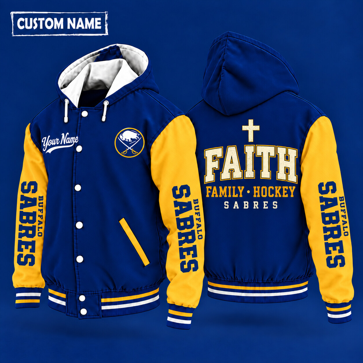 Buffalo Sabres Faith Family Hockey Hooded Letterman Jacket Custom Name PBCYVE