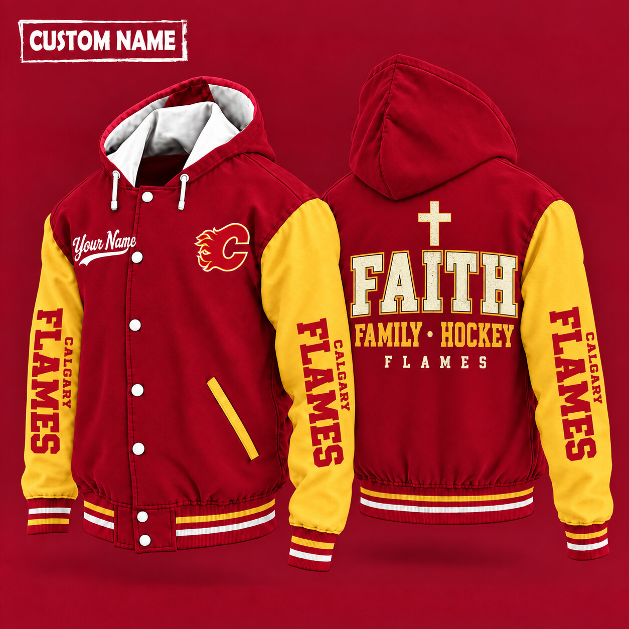 Calgary Flames Faith Family Hockey Hooded Letterman Jacket Custom Name PUQX3F