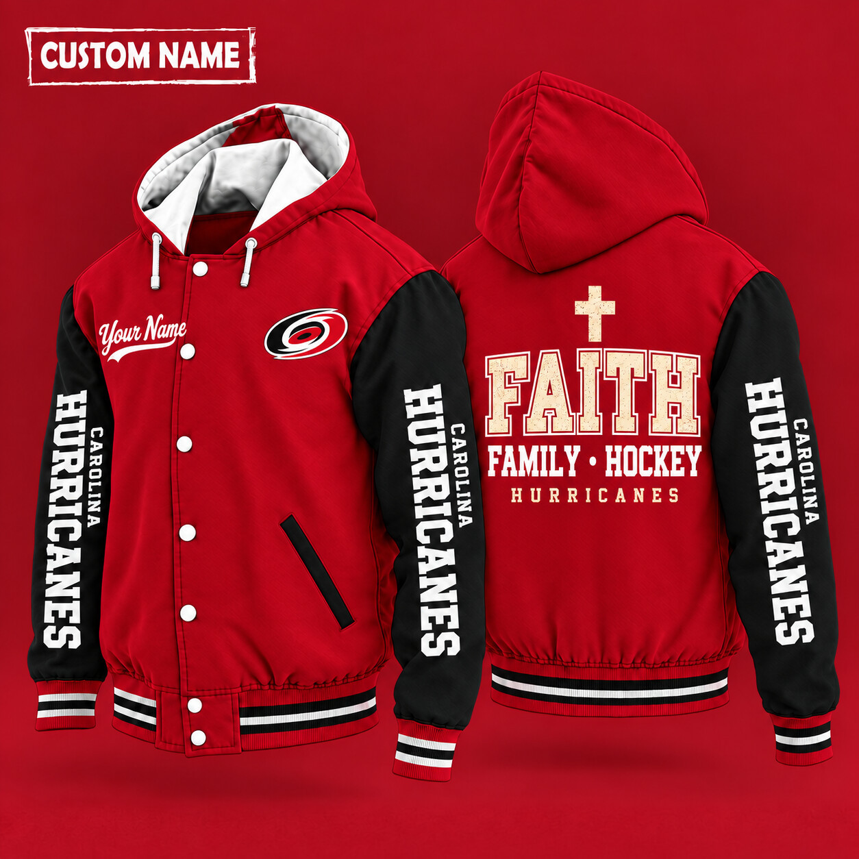 Carolina Hurricanes Faith Family Hockey Hooded Letterman Jacket Custom Name P0SSD3