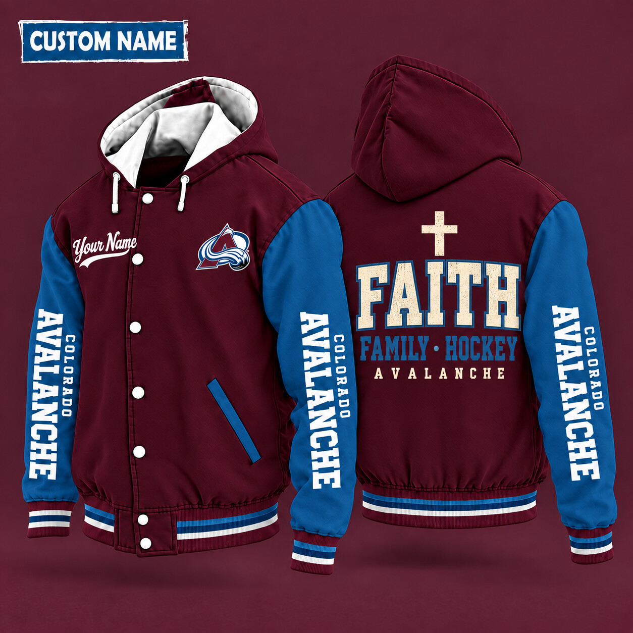 Colorado Avalanche Faith Family Hockey Hooded Letterman Jacket Custom Name P82UR4