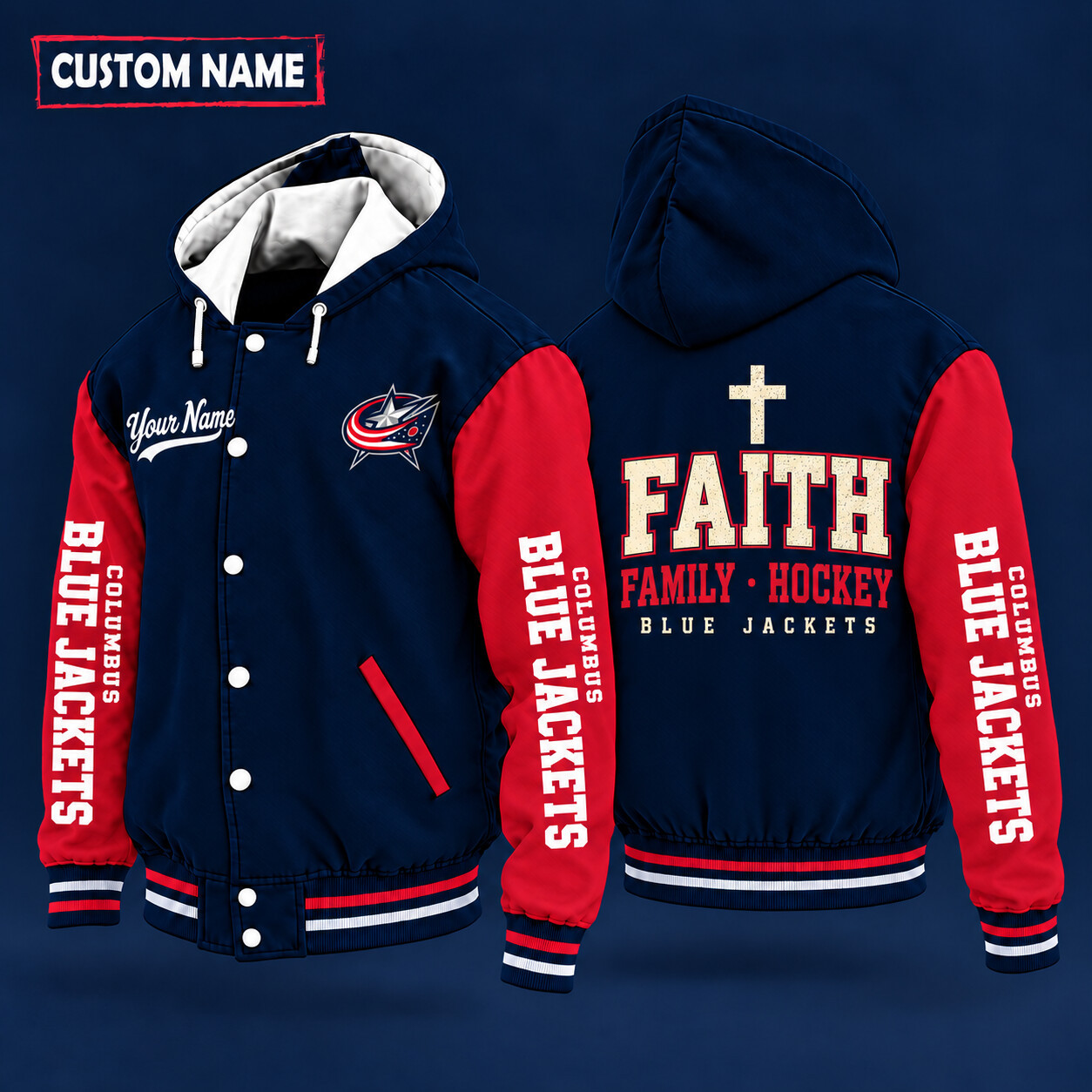 Columbus Blue Jackets Faith Family Hockey Hooded Letterman Jacket Custom Name P869OO