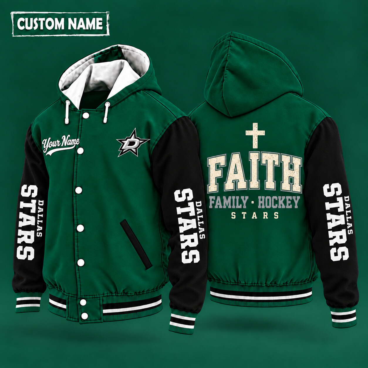 Dallas Stars Faith Family Hockey Hooded Letterman Jacket Custom Name P7AFC4