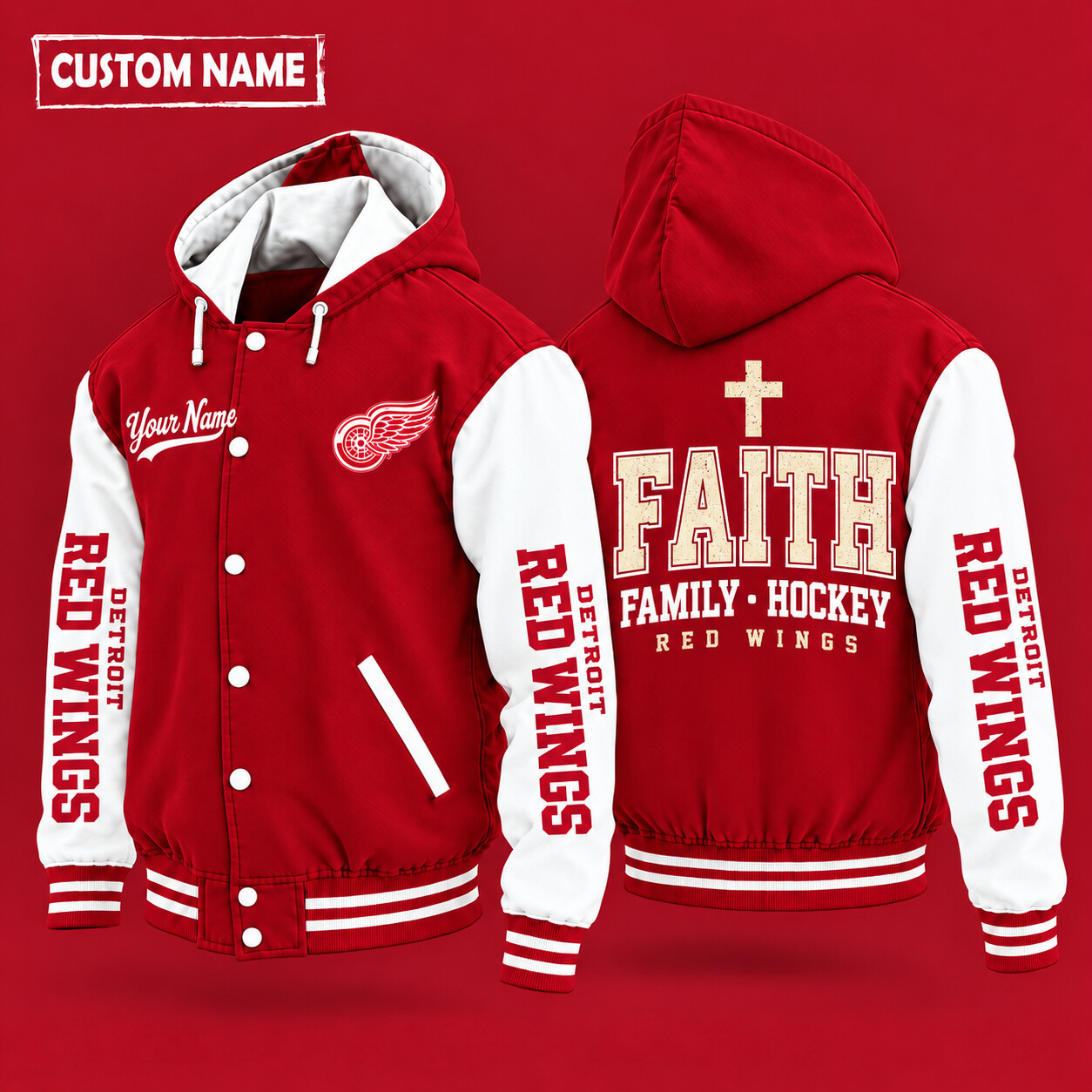 Detroit Red Wings Faith Family Hockey Hooded Letterman Jacket Custom Name PJVVWY