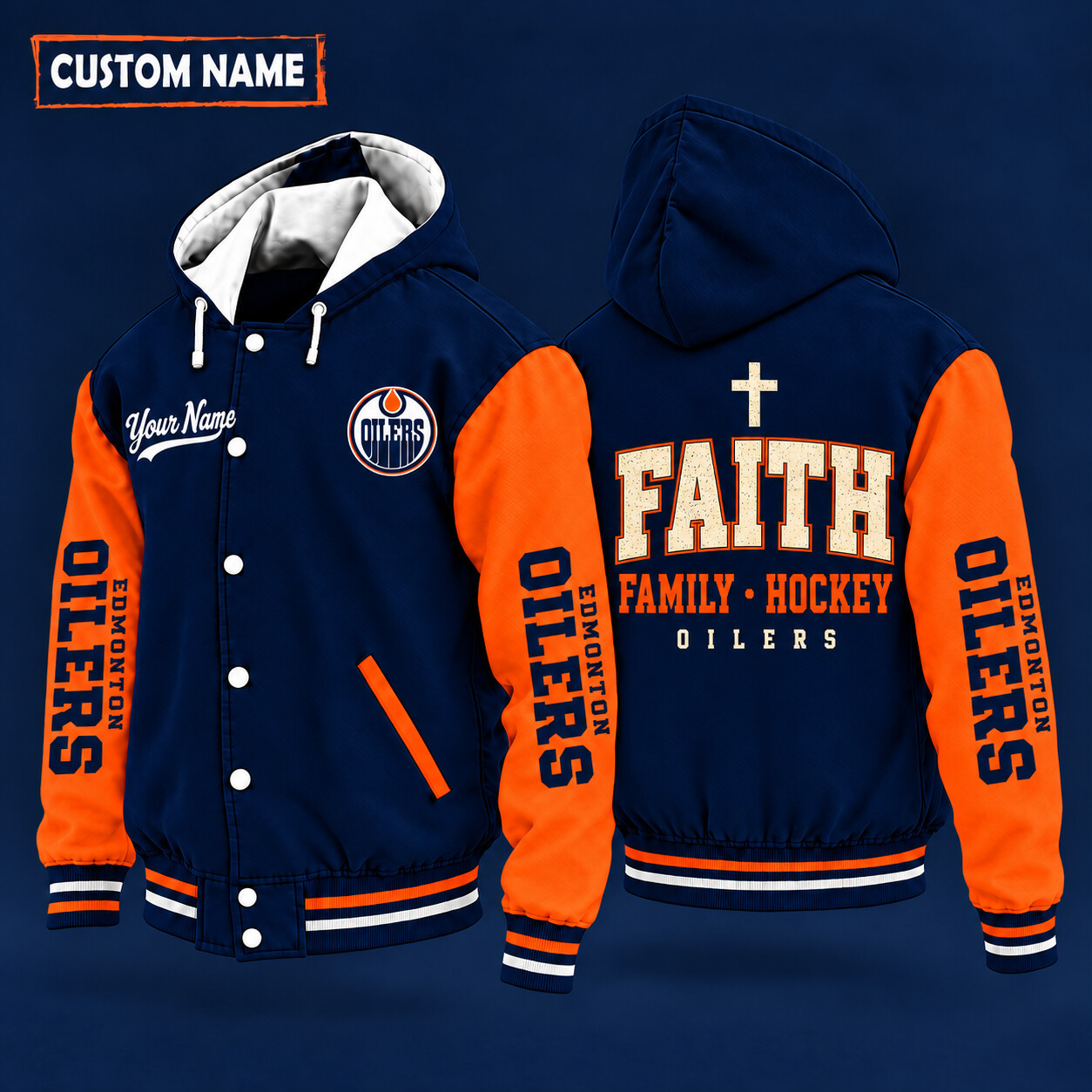 Edmonton Oilers Faith Family Hockey Hooded Letterman Jacket Custom Name P6XJLZ
