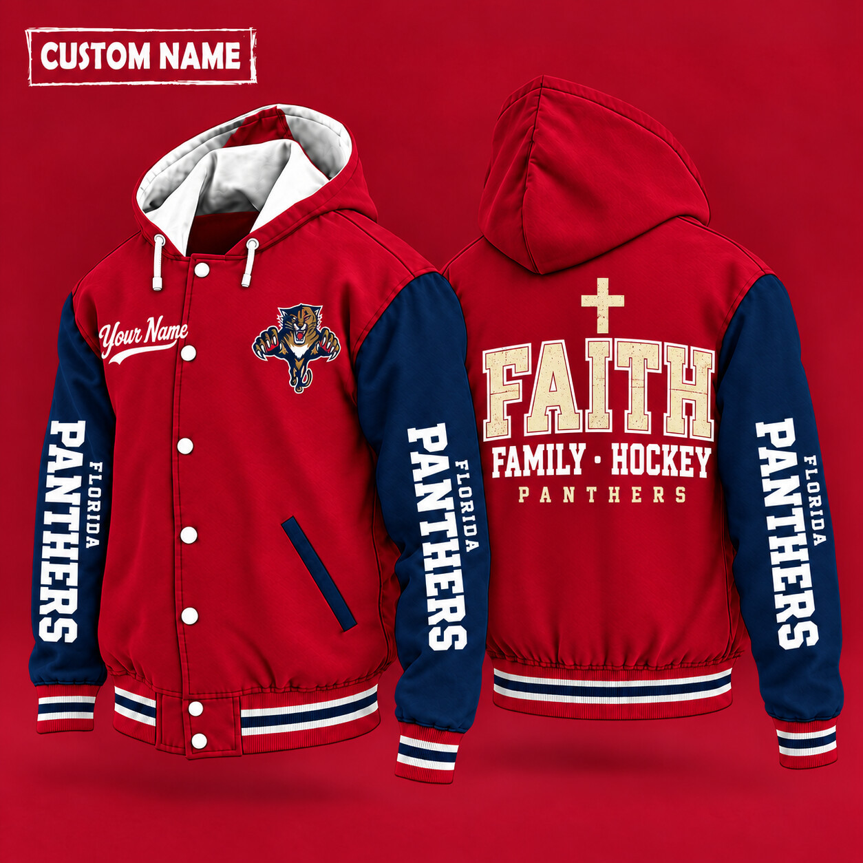 Florida Panthers Faith Family Hockey Hooded Letterman Jacket Custom Name POUM83