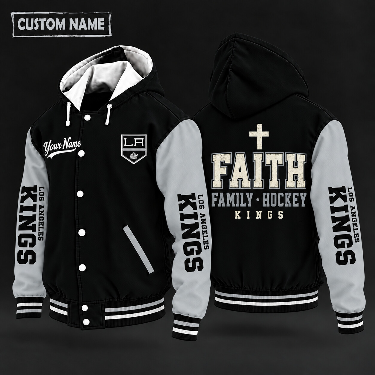 Los Angeles Kings Faith Family Hockey Hooded Letterman Jacket Custom Name PFZRM9