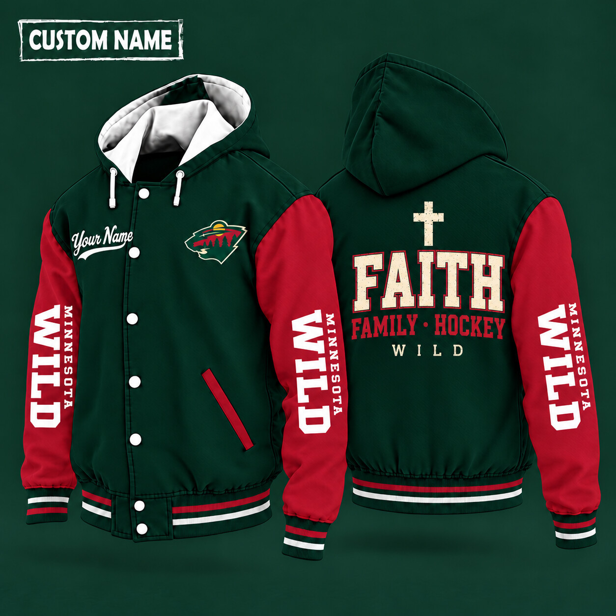 Minnesota Wild Faith Family Hockey Hooded Letterman Jacket Custom Name PLJADR