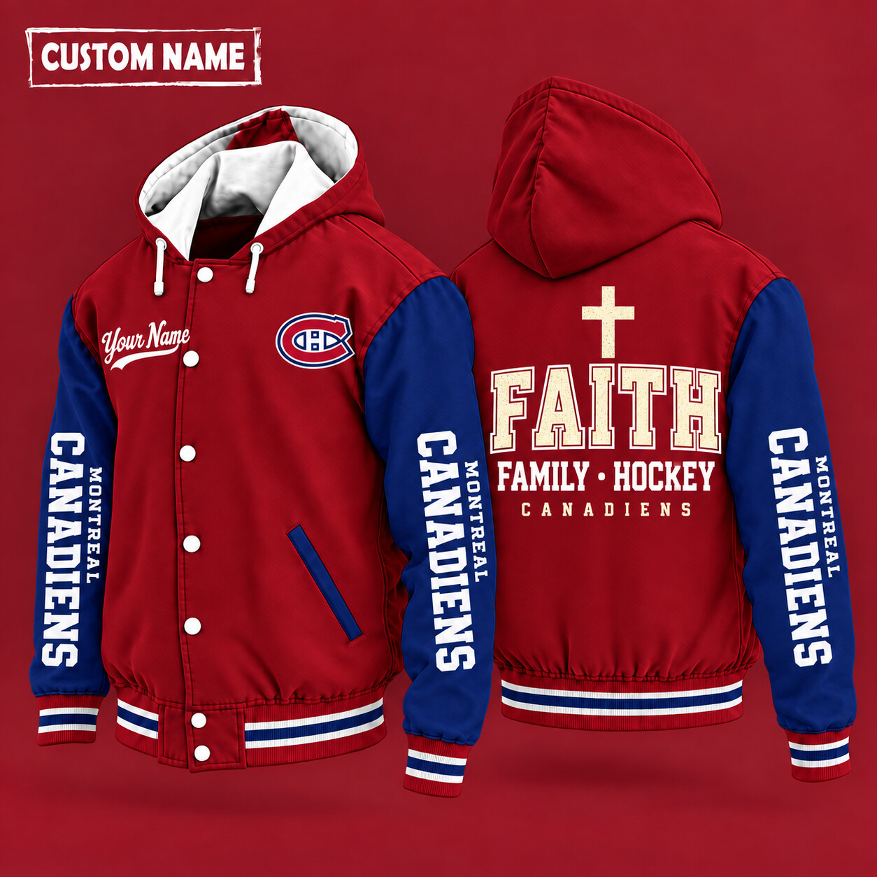 Montreal Canadiens Faith Family Hockey Hooded Letterman Jacket Custom Name P2WVOH