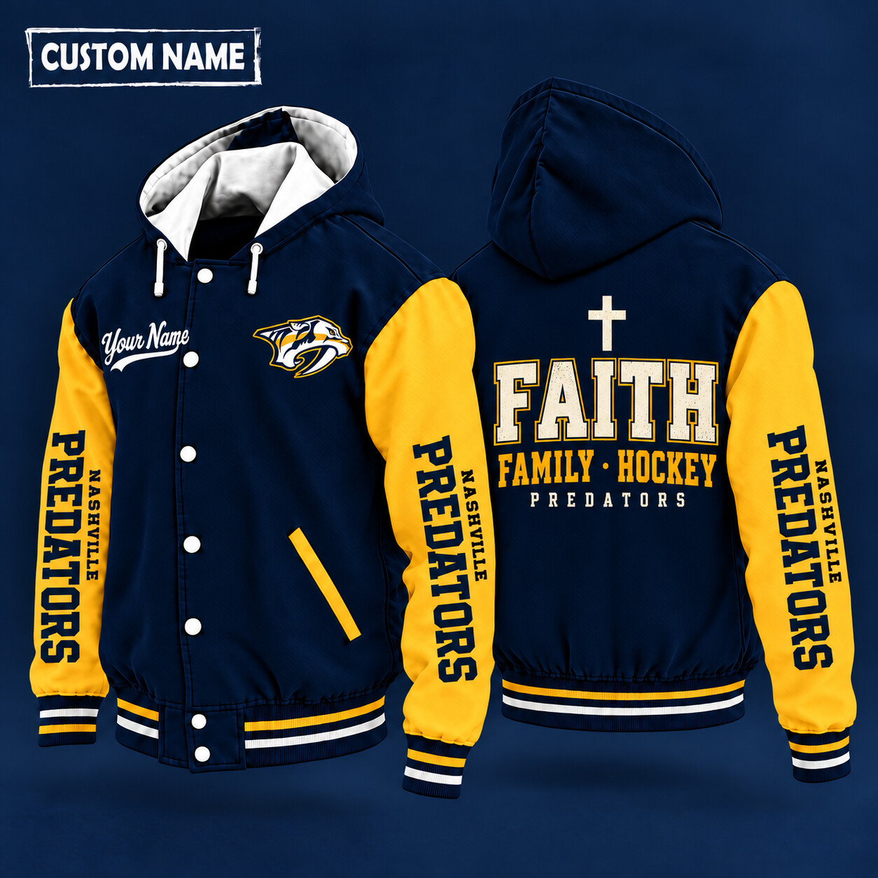Nashville Predators Faith Family Hockey Hooded Letterman Jacket Custom Name PEYNST