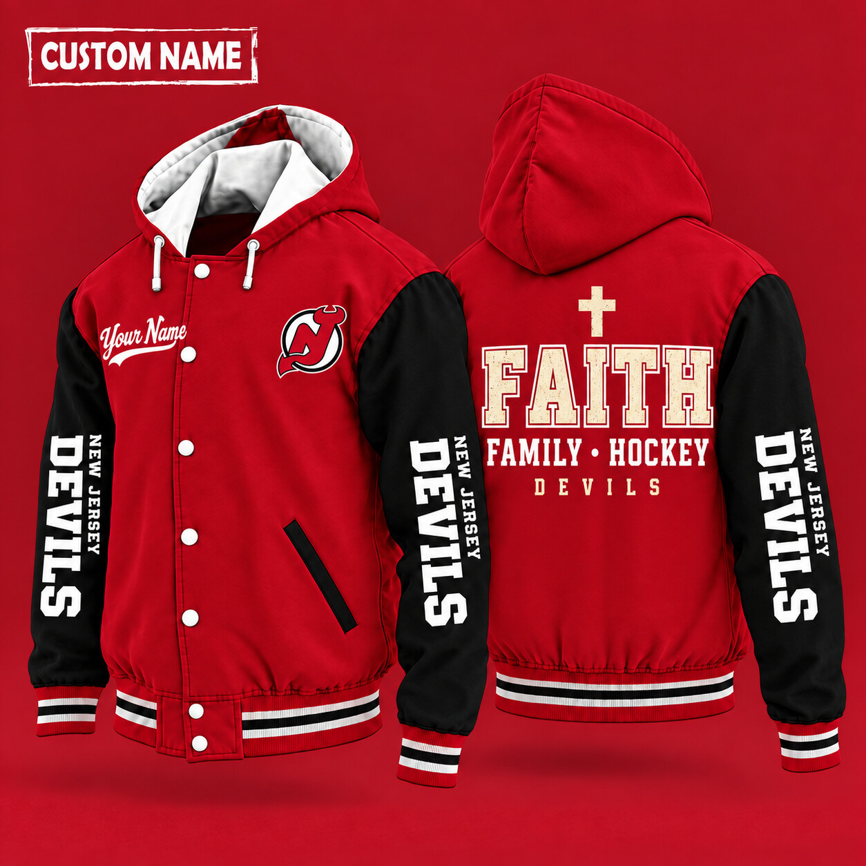 New Jersey Devils Faith Family Hockey Hooded Letterman Jacket Custom Name PSQ5YY