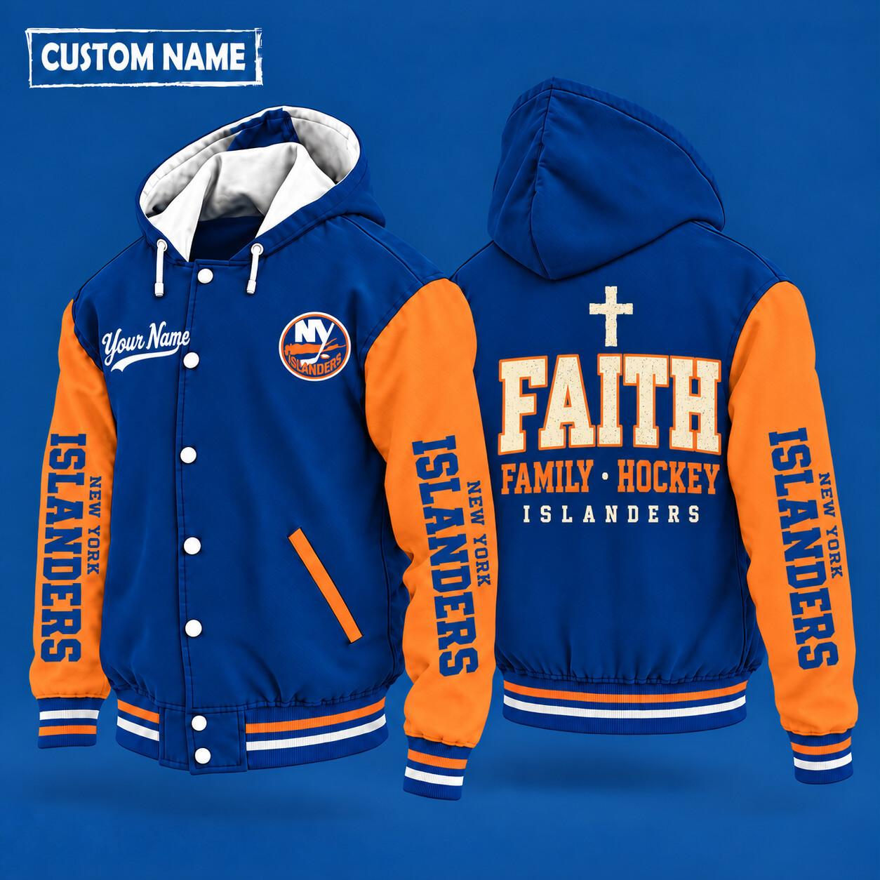 New York Islanders Faith Family Hockey Hooded Letterman Jacket Custom Name PH53ZN