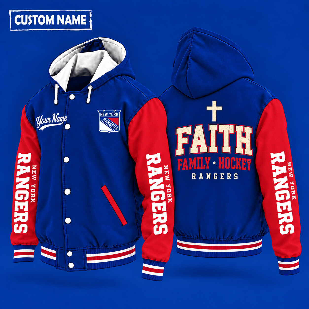 New York Rangers Faith Family Hockey Hooded Letterman Jacket Custom Name P18JUF