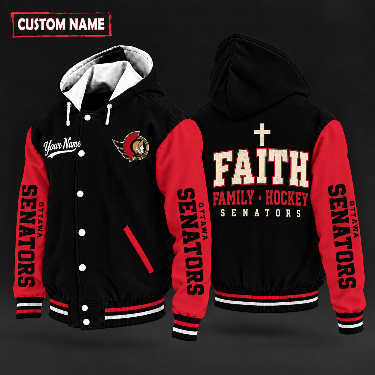 Ottawa Senators Faith Family Hockey Hooded Letterman Jacket Custom Name PND00I