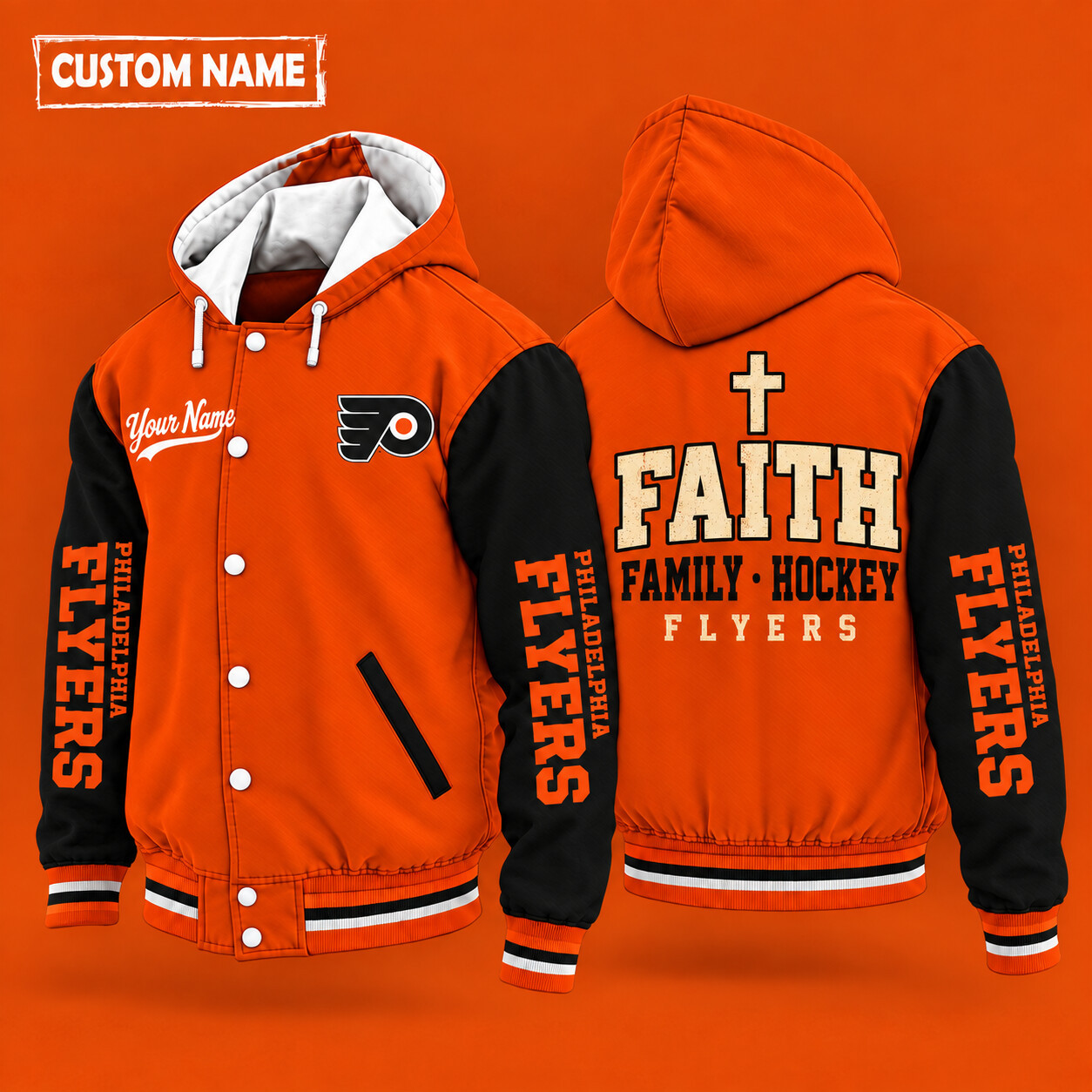 Philadelphia Flyers Faith Family Hockey Hooded Letterman Jacket Custom Name P2BZXY