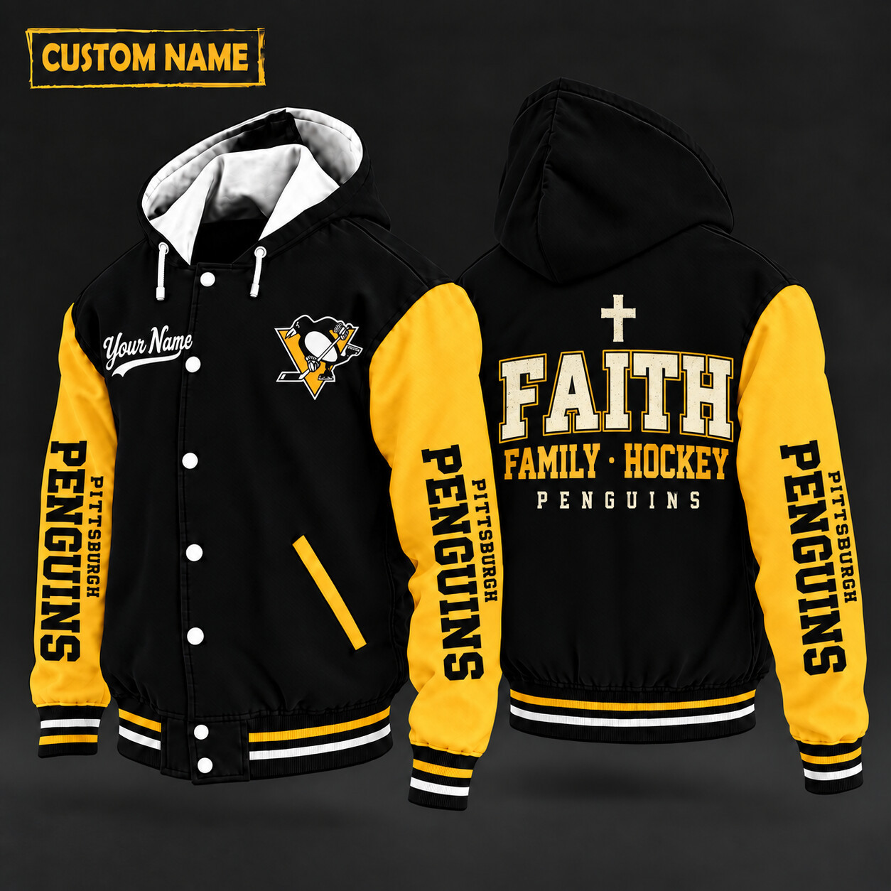 Pittsburgh Penguins Faith Family Hockey Hooded Letterman Jacket Custom Name P41RCJ