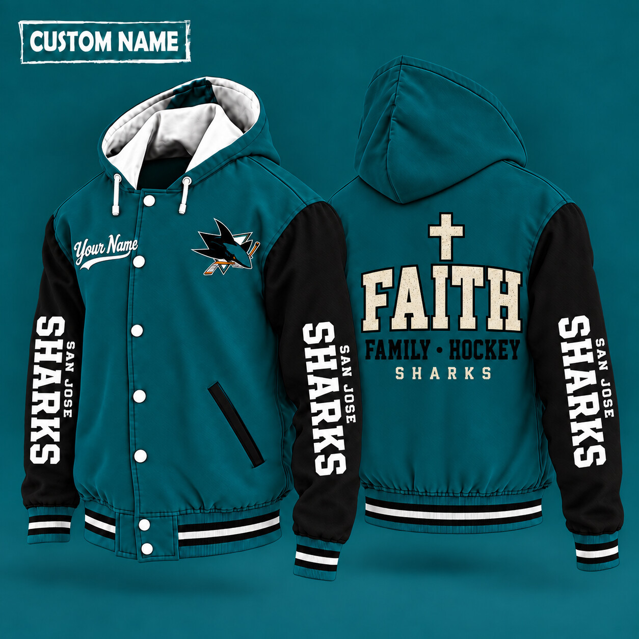 San Jose Sharks Faith Family Hockey Hooded Letterman Jacket Custom Name P7BJBX