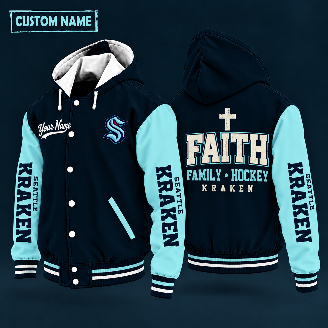 Seattle Kraken Faith Family Hockey Hooded Letterman Jacket Custom Name PXBZ96