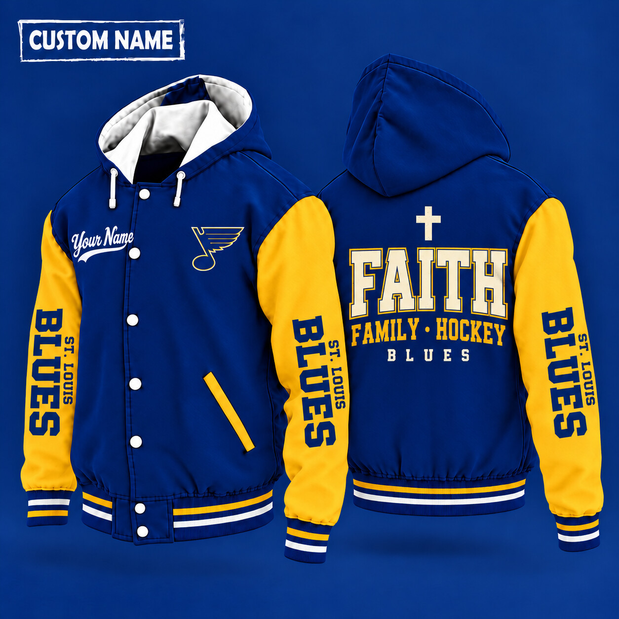 St. Louis Blues Faith Family Hockey Hooded Letterman Jacket Custom Name PU5JVY