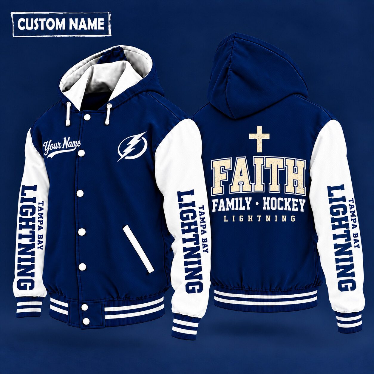 Tampa Bay Lightning Faith Family Hockey Hooded Letterman Jacket Custom Name PVGRW7