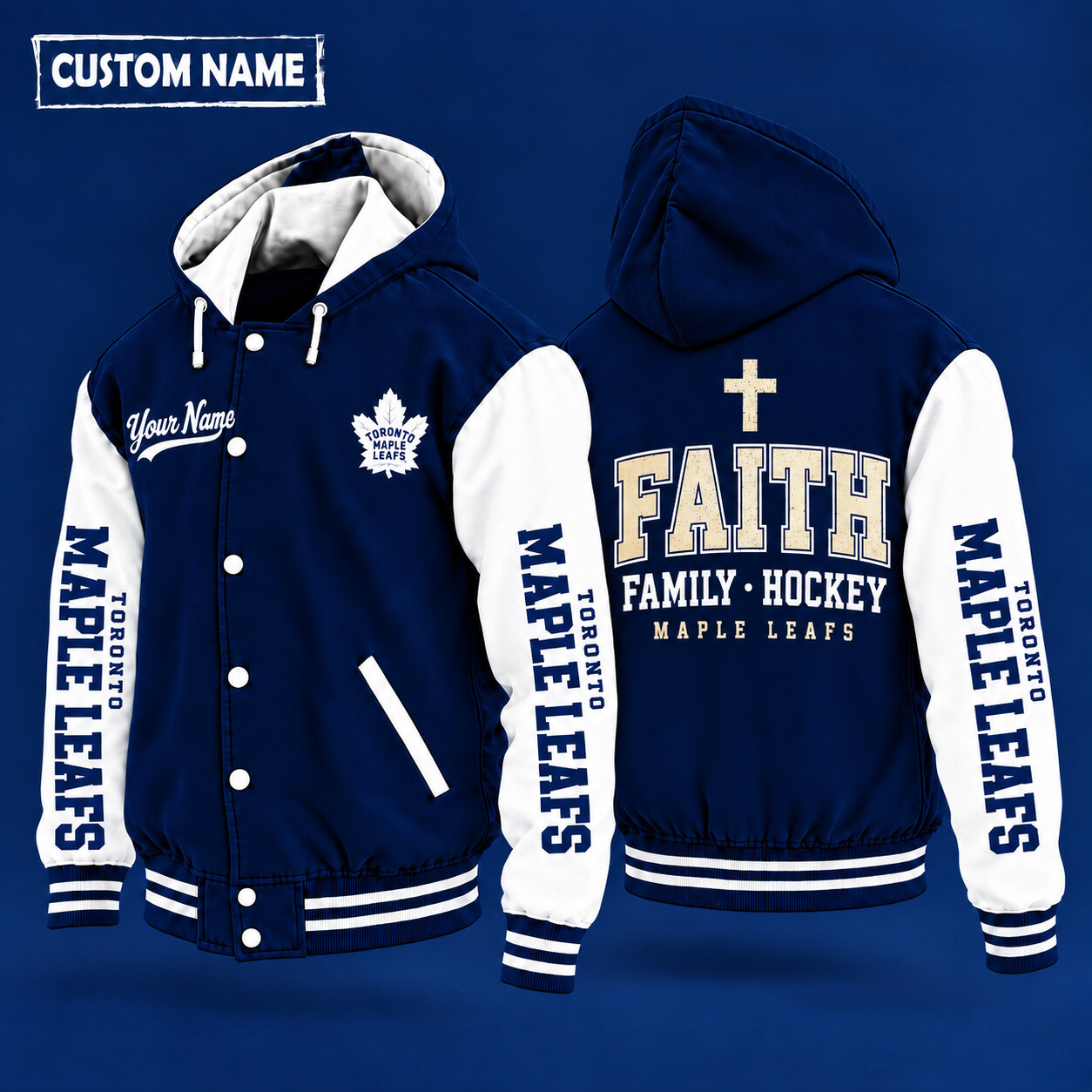 Toronto Maple Leafs Faith Family Hockey Hooded Letterman Jacket Custom Name P1Z736