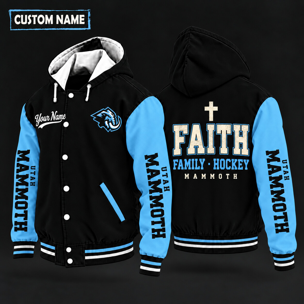 Utah Mammoth Faith Family Hockey Hooded Letterman Jacket Custom Name PM7VFM