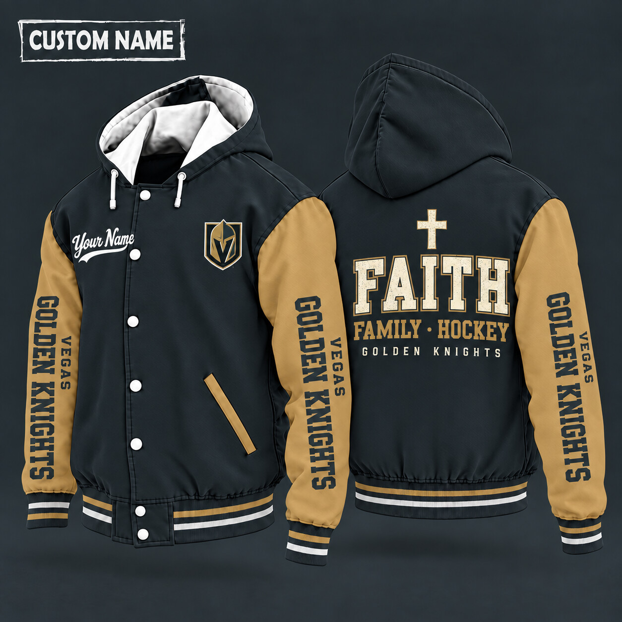 Vegas Golden Knights Faith Family Hockey Hooded Letterman Jacket Custom Name PT6ZOH