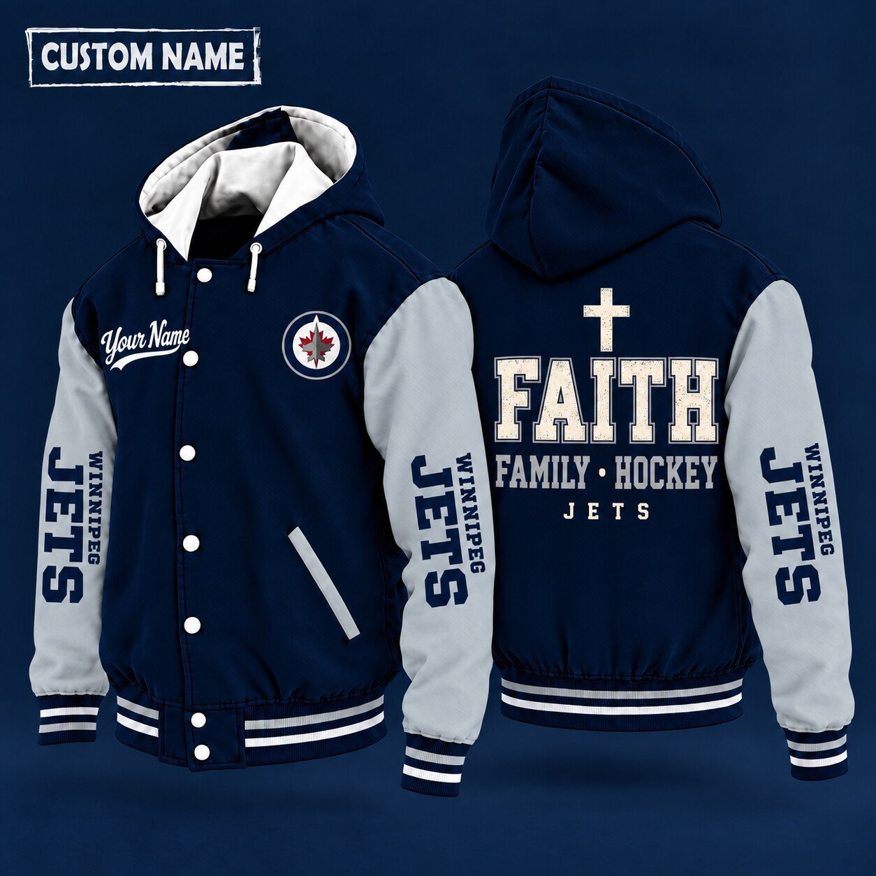 Winnipeg Jets Faith Family Hockey Hooded Letterman Jacket Custom Name P6BUKZ