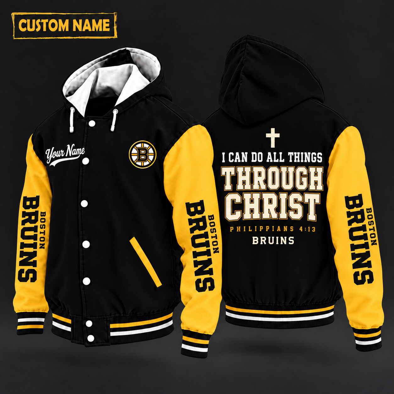 Boston Bruins I Can Do All Things Through Christ Hooded Letterman Jacket Custom Name PL3H0Y